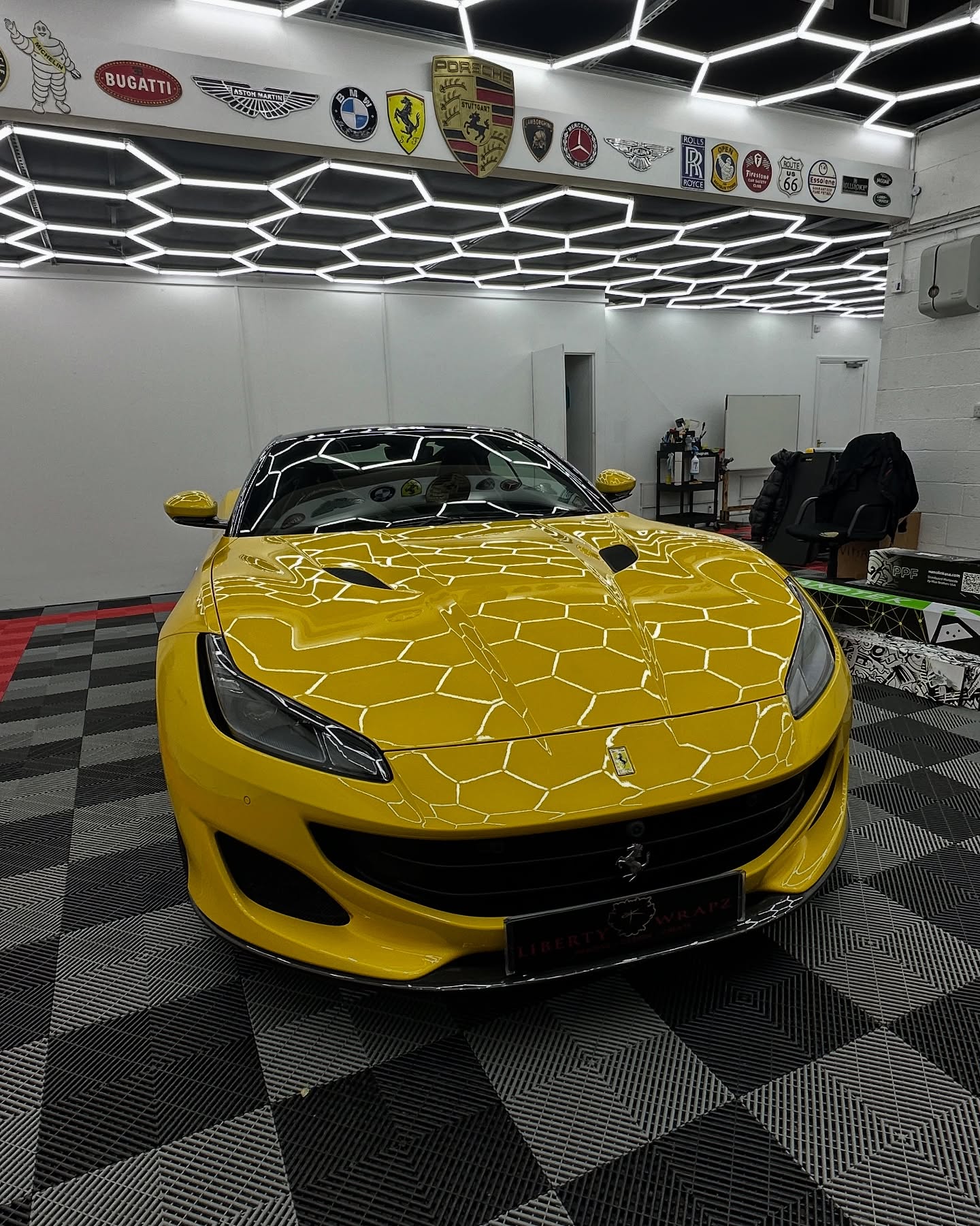 Front top view of yellow Ferrari